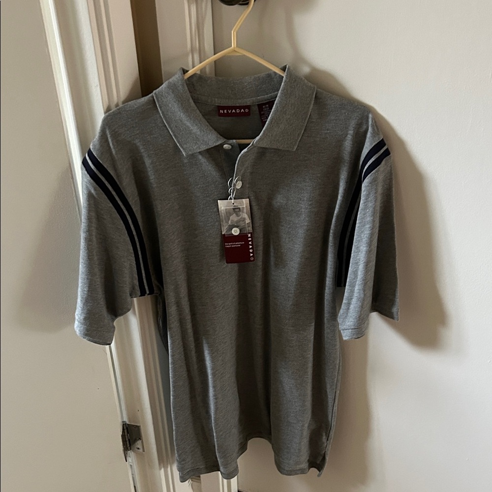 Nevada® Men's Gray Polo with Navy Sleeve Stripes